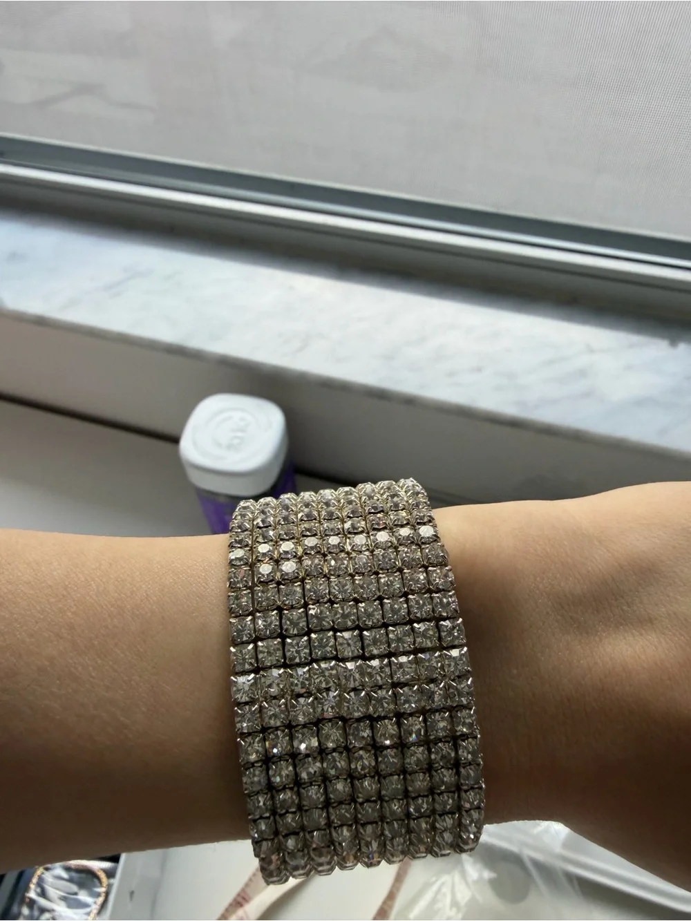Wide Silver Tone Multi-Row Crystal Rhinestone Statement Bracelet